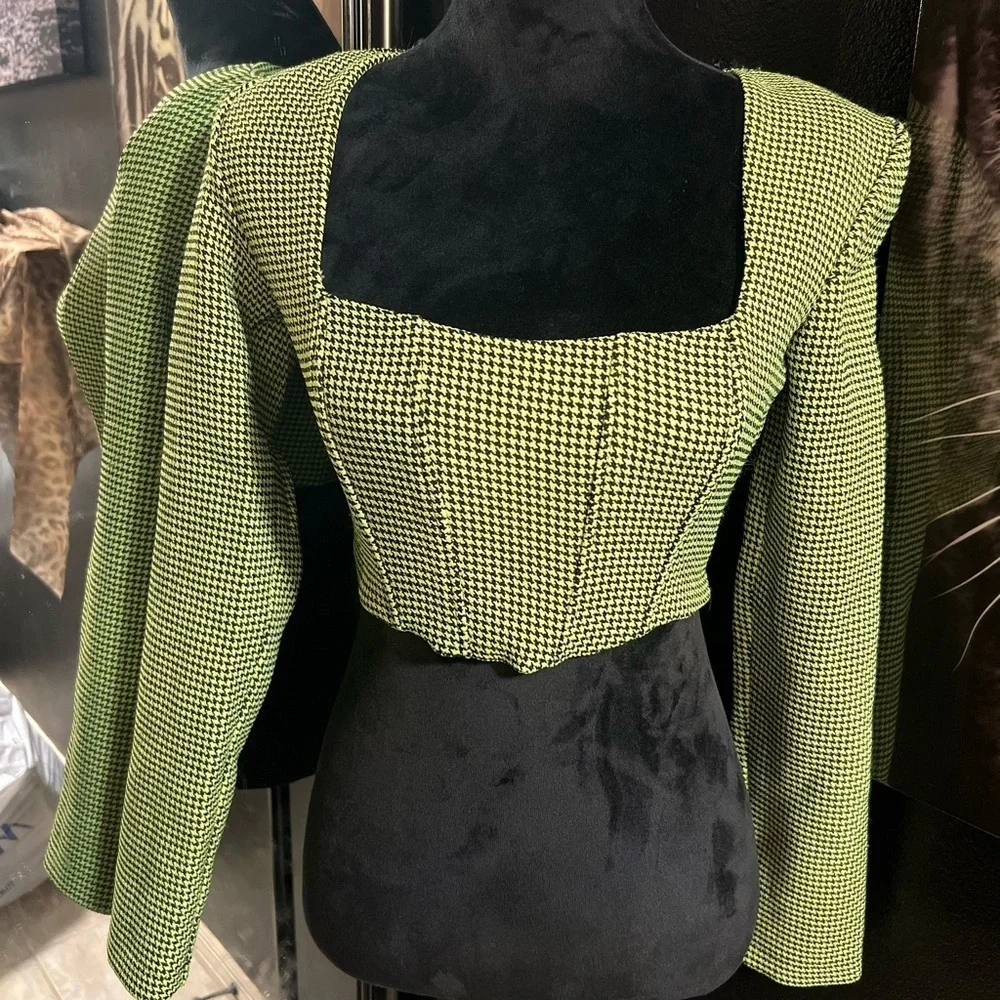 💚🖤NWT-ZARAHoundstooth Neon Green Crop Corset Bustier Long Sleeve Top Sz S💚🖤